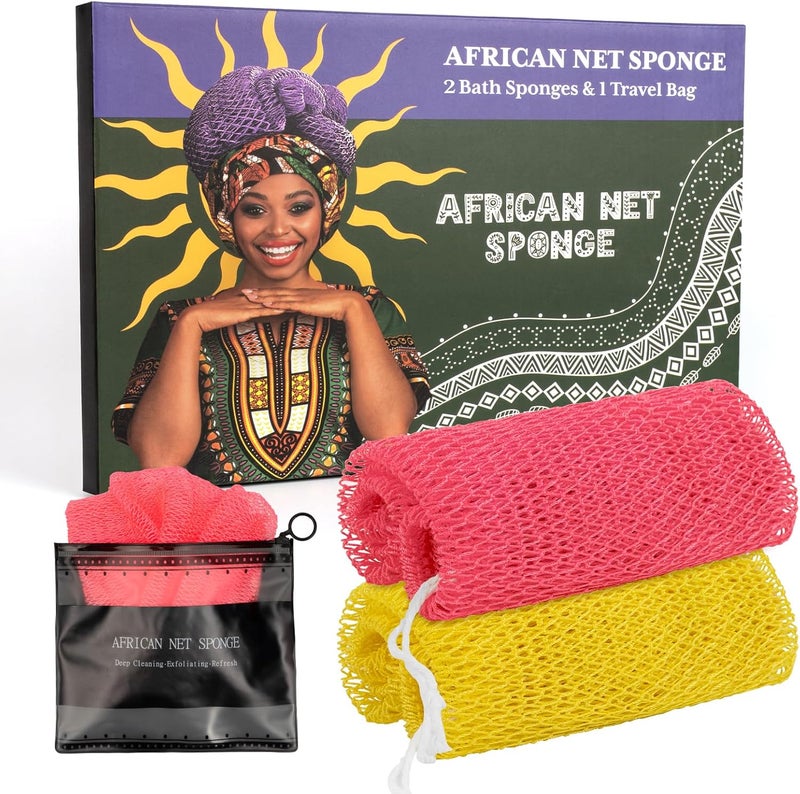 Bathway African Net Sponge Authentic with Handles (Set of 2), African Exfoliating Net Sponge, Exfoliating Body Scrubber Bath Sponge - Bathing Accessories with Storage Bag (Rose & Bright Yellow) - Image 1